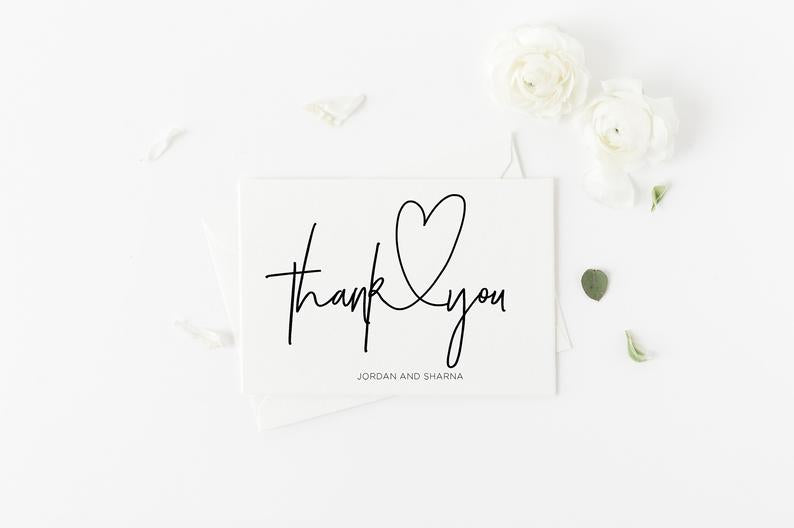 Heart Wedding Thank You Card Template, Wedding Thank You Cards, Engagement Thank You Cards, Personalized Stationery Sets, Black and White