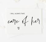 I will always take care of her card for brides parents from groom new in laws wedding day card with heart