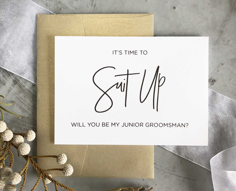 its time to suit up will you be my junior groomsman