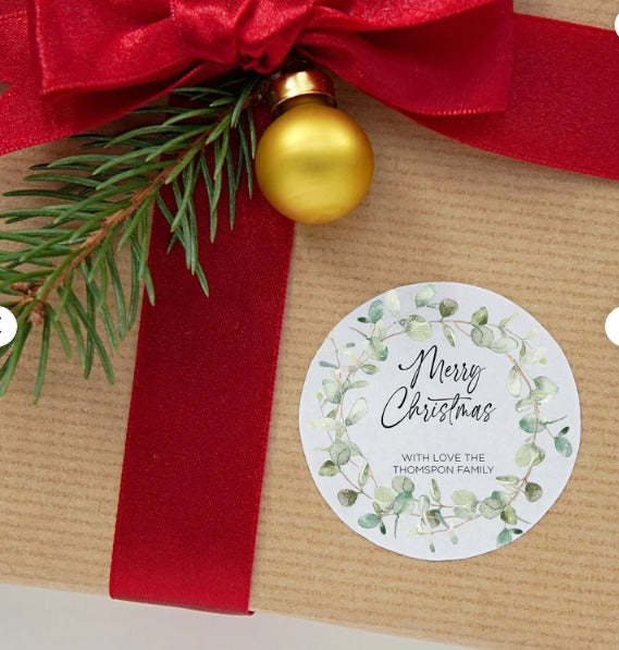 Custom Round Merry Christmas Christmas Gift Stickers, Water Colour