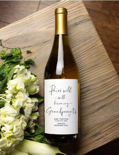 Custom Baby Announcement Wine Labels, Pairs Well With Becoming Grandparents, Elegant Wine Labels Personalised Im Pregnant Reveal for Parents