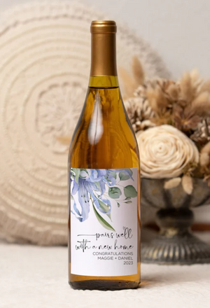 Custom Pairs Well With A New Home Wine Label Sticker - Floral House Warming Gift