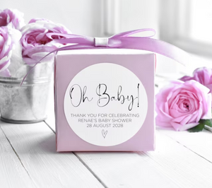 Custom Round Oh Baby Stickers, Pink Heart Baby Shower Gift Labels