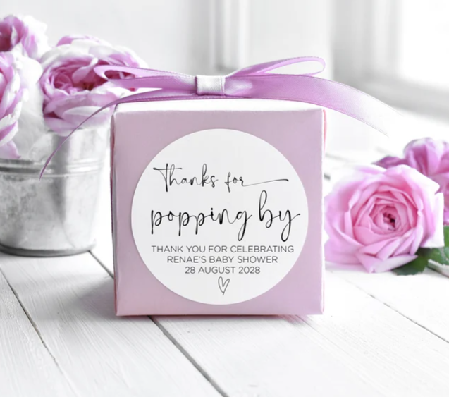 
            
                Load image into Gallery viewer, Custom Round Thanks For Popping By Stickers, Pink Heart Baby Shower Gift Labels
            
        