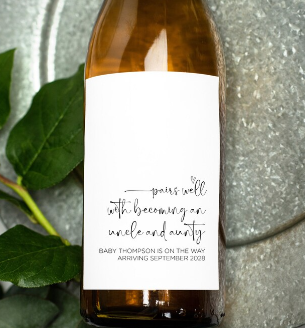 
            
                Load image into Gallery viewer, Custom Pairs Well with Becoming An Uncle and Aunty Wine Labels - Pregnancy Announcement Wine Label Stickers
            
        