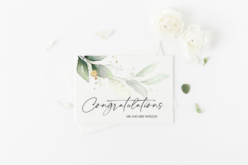 Custom Eucalyptus Congratulations to the New MR & MRS Wedding Card, Bride and Groom, Personalised Wedding Day Gift, Customized Engagement