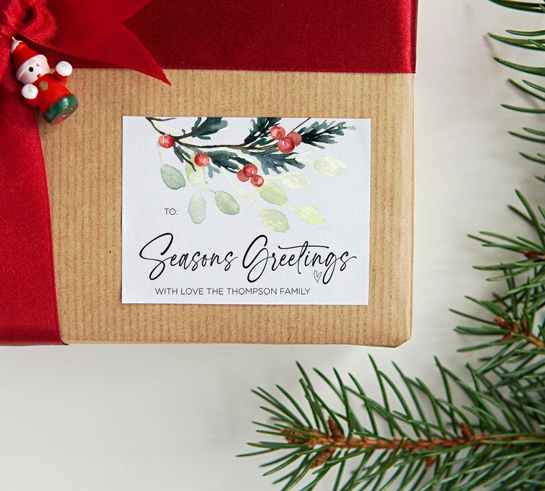 
            
                Load image into Gallery viewer, Seasons Greetings Gift Label Stickers, Cute Holiday Gifts for Friends, Rectangle Labels, Simple Christmas, Envelope Seals, Xmas Present Tags
            
        
