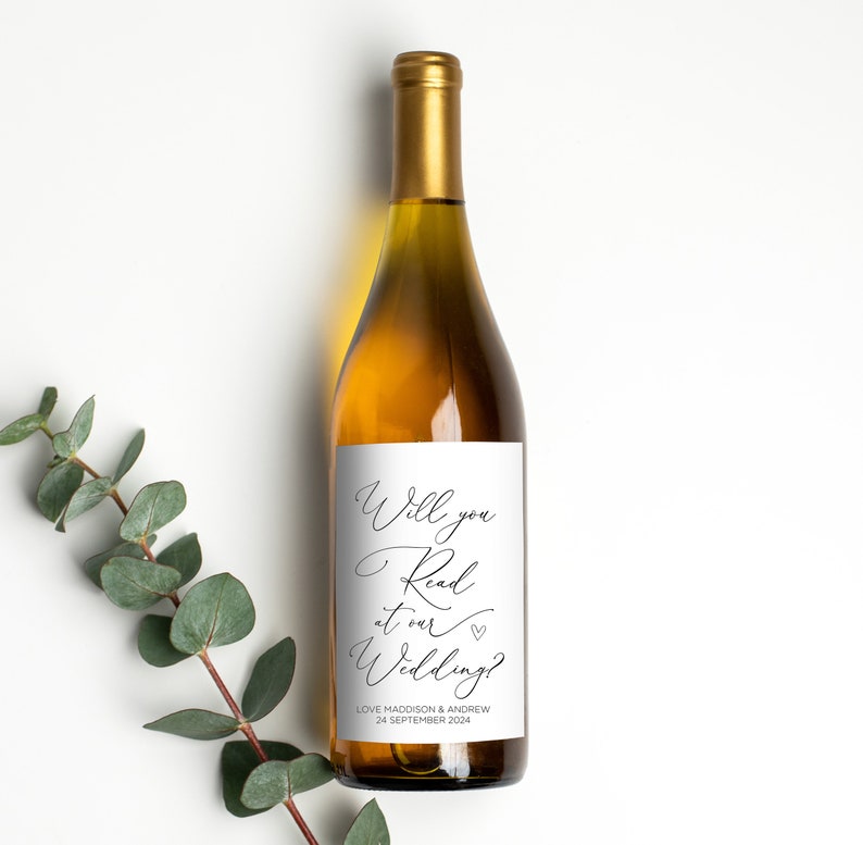 
            
                Load image into Gallery viewer, Customised Will You Read at our Wedding Wine Label, Bride and Groom Asking Gift, Bridal Party Request Sticker Personalised Reader Proposal
            
        