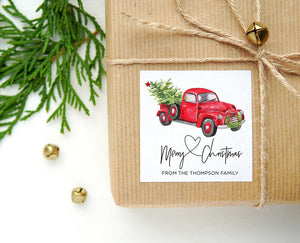 
            
                Load image into Gallery viewer, Personalized Red Truck Christmas Gift Label Stickers, Merry Christmas, Square Labels, Old Vintage Truck, Envelope Seals, Xmas Present Tags
            
        