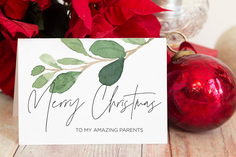 
            
                Load image into Gallery viewer, Christmas Holiday Cards for Parents, To My Mom and Dad Seasons Greetings, Mum &amp;amp; Dad Christmas Card, Modern Green Eucalyptus Cards
            
        