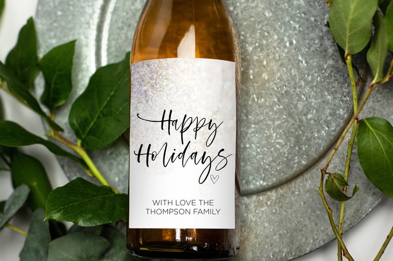 
            
                Load image into Gallery viewer, Happy Holiday Wine Label, Merry Christmas Wishes for Friends Family Gift, Custom Xmas Bottle Labels, Gold Printed Sticker Wine Lover Gifts
            
        