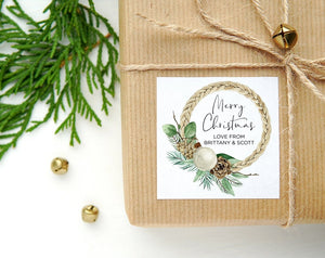 
            
                Load image into Gallery viewer, Personalized Merry Christmas Gift Label Stickers, Round Labels, Circle Holiday Greetings Wreath, Envelope Seals, Xmas Present Tags, Rustic
            
        