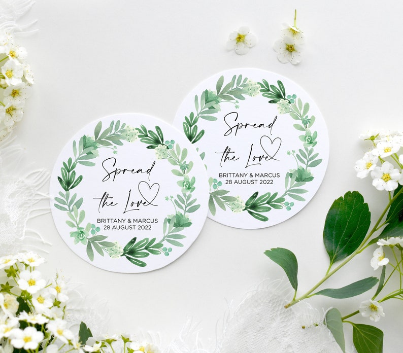 
            
                Load image into Gallery viewer, Custom Spread the Love Wedding Thank You Favor Stickers, baby Shower favours, Round Candy Labels, Circle Favour Bag Tags Succulent Heart
            
        