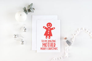 Christmas Cards for Mom, To My Mother Merry Christmas Card, Mum Christmas Gift, Modern Red and White Holiday Cards, Gingerbread Man