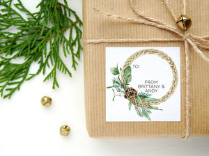 Cute Christmas Gift Label Stickers, Merry Christmas Gift, Square Labels, Cute Greenery Holiday Wreath, Seals Custom Xmas Present Tags Rustic