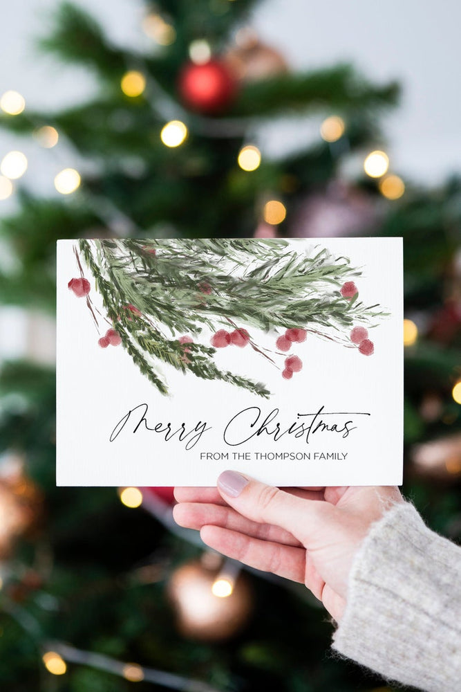 
            
                Load image into Gallery viewer, Merry Christmas Cards, Rustic Holiday, Personalized Christmas, Custom Greeting Card Set, Pine Trees, Woodland Christmas, Corporate Cards
            
        