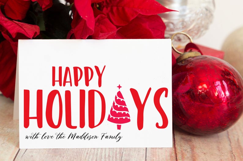 Red Happy Holidays Christmas Cards, Holiday Personalized Card, Custom Christmas Card Set, Modern Red and White, Seasons Greetings