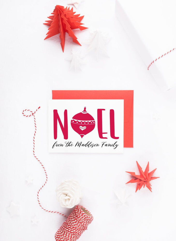 
            
                Load image into Gallery viewer, Noel Merry Christmas Cards, Holiday Personalized Card, Custom Christmas Card Set, Modern Red and White Holiday Season Cards, Vintage Bauble
            
        
