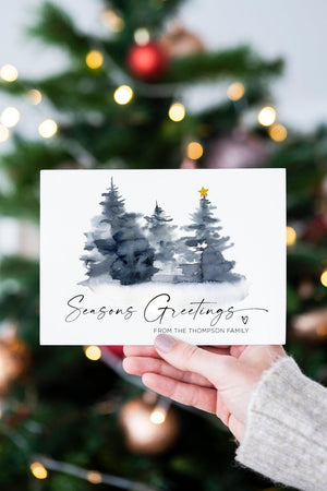 
            
                Load image into Gallery viewer, Seasons Greetings Cards, Rustic Holiday Cards, Personalized Christmas Tree Card, Custom Greeting Card Set, Pine Trees, Customized Cards Xmas
            
        