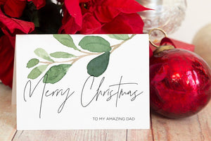 
            
                Load image into Gallery viewer, Christmas Holiday Cards for Dad, To My Dad Seasons Greetings, Father Christmas Card, Modern Green Eucalyptus Cards, Christmas Gift
            
        