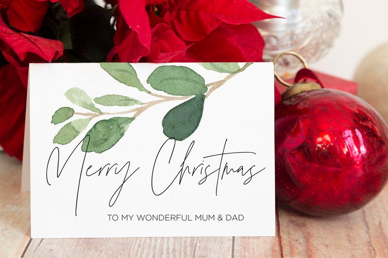 
            
                Load image into Gallery viewer, Christmas Cards for My Mom and Dad, To My Parents Holiday Card, Mum &amp;amp; Dad Christmas Card, Modern Eucalyptus Holiday Season Cards
            
        
