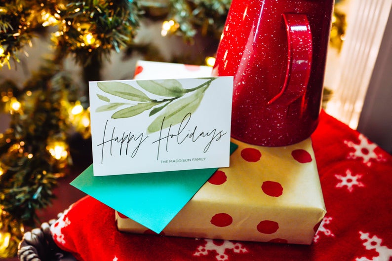 Modern Eucalyptus Happy Holidays Cards, Holiday, Personalized Card, Custom Christmas Card Set, Seasons Greetings, Simple Greenery Cards
