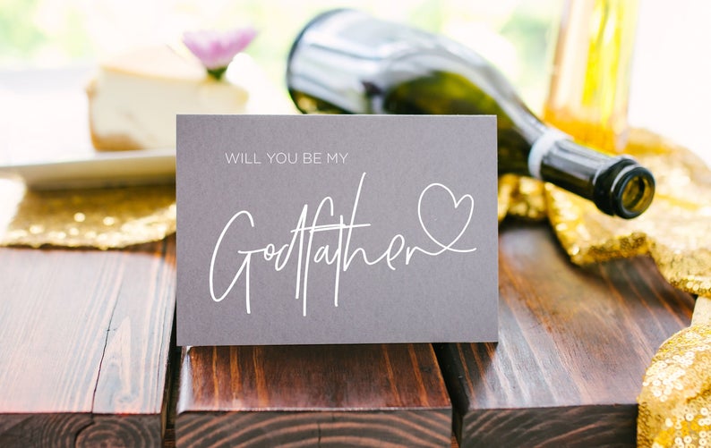 
            
                Load image into Gallery viewer, Grey and White Will You Be My Godfather Request Card, God Father Proposal Card, Christening Gift, Baptism Gift, God Dad Asking Card
            
        