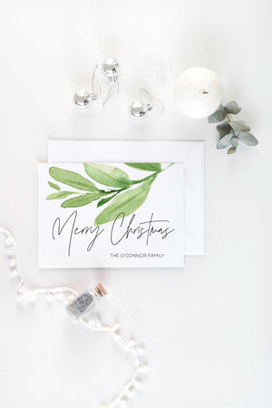Modern Eucalyptus Merry Christmas Cards, Holiday, Personalized Card, Custom Christmas Card Set, Seasons Greetings, Simple Greenery Cards