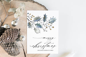 Holly Merry Christmas Cards, Holiday, Personalized Christmas Card, Custom Christmas Card Set, Seasons Greetings, Simple Elegant Christmas