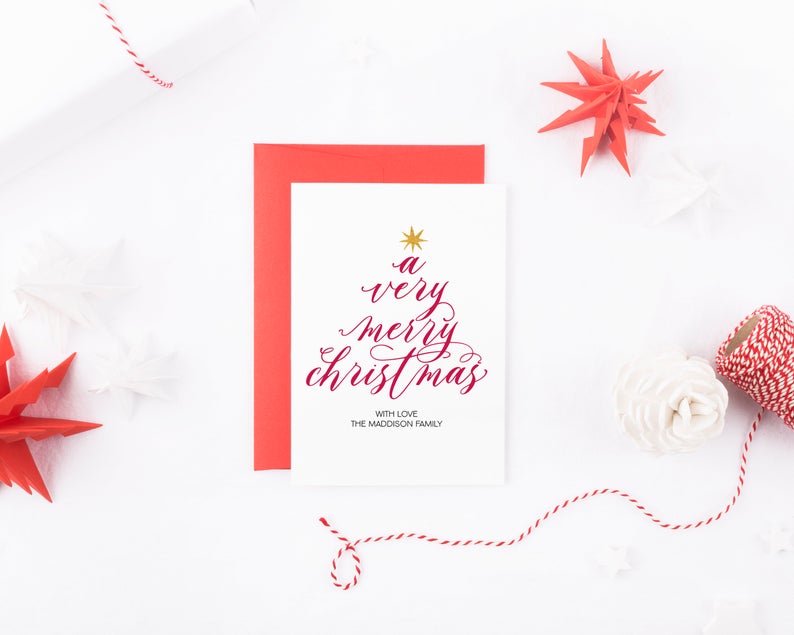A Very Merry Christmas Cards, Holiday Personalized Card, Custom Christmas Card Set, Modern Red and White Holiday Xmas Cards, Christmas Tree