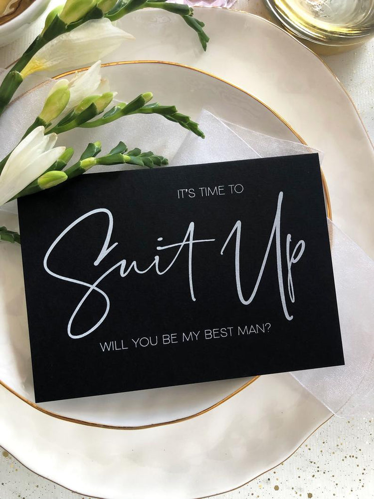
            
                Load image into Gallery viewer, It&amp;#39;s Time To Suit Up Will You Be My Best Man Card, BestMan Card, Groomsmen, Best Man Invitation, Asking, Keepsake Card, Black and White BT
            
        