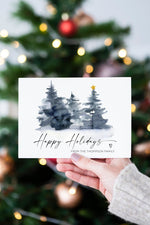 Happy Holiday Pine Tree Christmas Cards, Winter Holiday Cards, Personalized Christmas Card, Custom Greeting Card Set, Green Pine Trees, Xmas