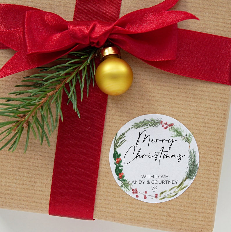 Cute Christmas Gift Label Stickers, Merry Christmas Stickers, Round Labels, Circle Christmas Wreath, Envelope Seals Custom Xmas Present Tags