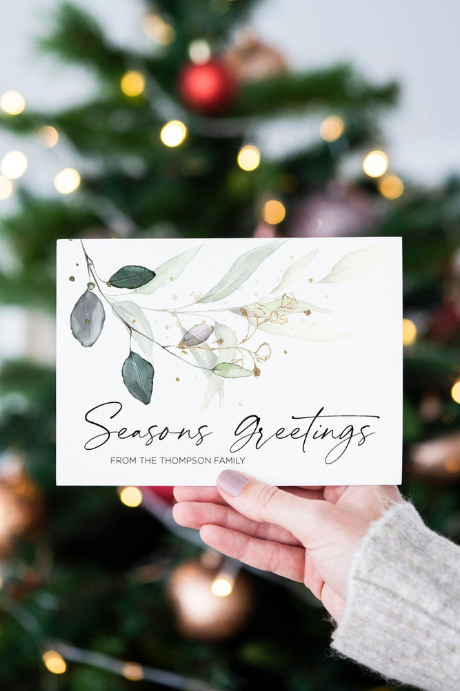 
            
                Load image into Gallery viewer, Seasons Greetings Cards, Rustic Holiday, Personalized Christmas Green &amp;amp; Gold, Custom Greeting Card Set, Eucalyptus, Customized Cards Xmas
            
        