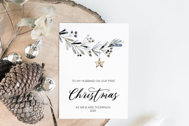 Custom First Christmas as Husband Wife Cards, First Christmas as Mr & Mrs, To My Husband Merry Christmas, For my Husband Holiday Card Holly
