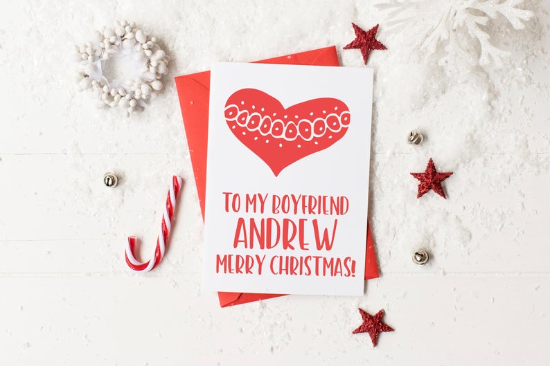 Custom To My Boyfriend Merry Christmas Card, Personalized Christmas Holiday Card for My Boy Friend, Christmas Gift, Cute Red & White Heart