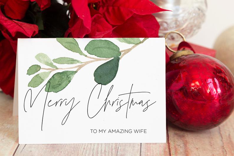 Christmas Holiday Card for My Amazing Wife, To My Wife Seasons Greetings, Wife Christmas Card, Modern Green Eucalyptus Cards, Gift for Wife