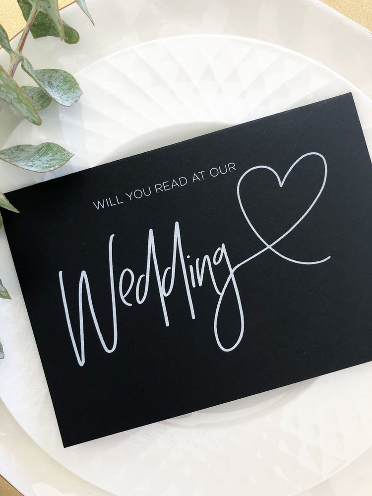 
            
                Load image into Gallery viewer, Black and White Will You Read at Our Wedding Card, Wedding Reader Gift, Bridal Party Gifts, Reading Card, Heart, Request Asking Card, Modern
            
        