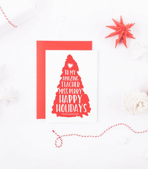 Teacher Christmas Gifts Personalized, Happy Holiday Card for Amazing Preschool Teacher, Cute teacher Christmas Gift ideas, Red and White