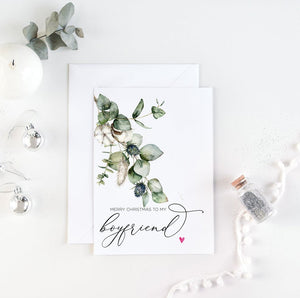 Cute Greenery Christmas Card, To My Boyfriend Holiday Card, From Girlfriend Card, First Christmas as Couple Happy Holidays Fiance I Love You