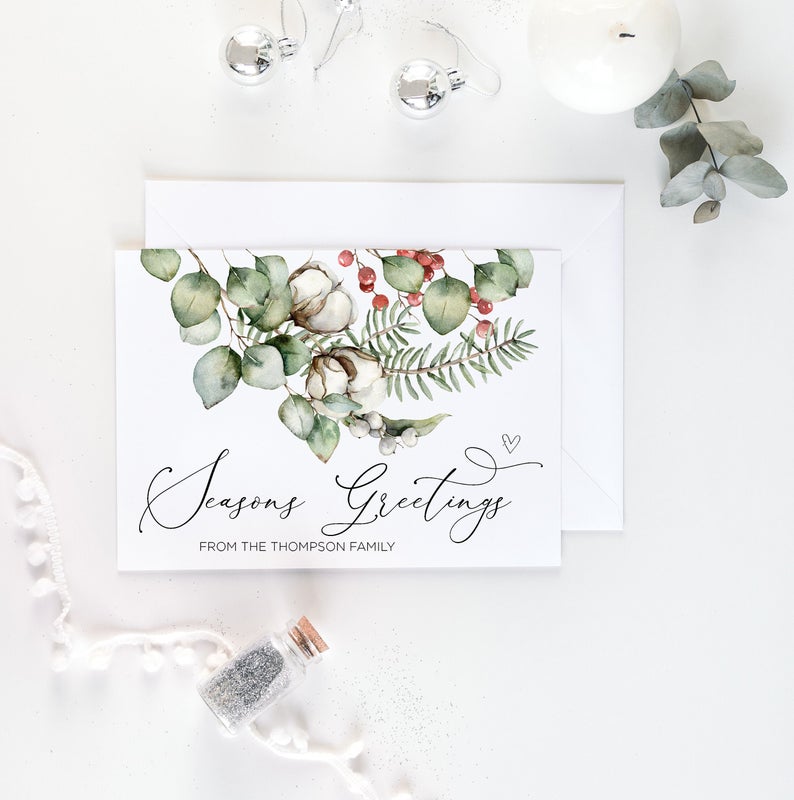 Seasons Greetings Cards, Rustic Holiday, Personalized Merry Christmas, Custom Greeting Card Set, Eucalyptus, Woodland Xmas, Corporate Cards