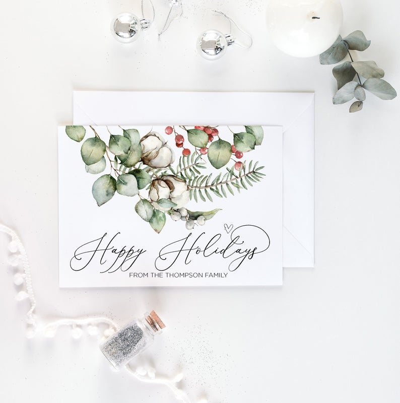 
            
                Load image into Gallery viewer, Happy Holidays Cards, Rustic Holiday, Personalized Merry Christmas, Custom Greeting Card Set, Eucalyptus, Woodland Xmas, Corporate Cards
            
        