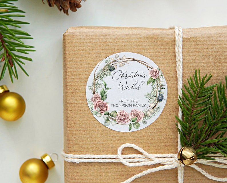 
            
                Load image into Gallery viewer, Cute Woodland Christmas Gift Label Stickers, Merry Christmas Stickers, Round Labels, Circle Wreath, Envelope Seals Custom Xmas Present Tags
            
        