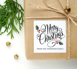 
            
                Load image into Gallery viewer, CustomIzed Merry Christmas Gift Label Stickers, Red Green Holly, Square Labels, Vintage Rustic, Envelope Seals, Xmas Present Card Tags
            
        