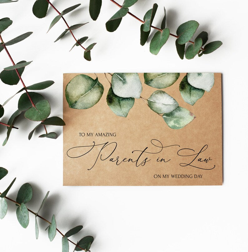 Rustic To My Parents in Law on My Wedding Day Card from Bride, Mom and Dad Wedding Thank You From Groom, Gift for Parents, Eucalyptus Cards
