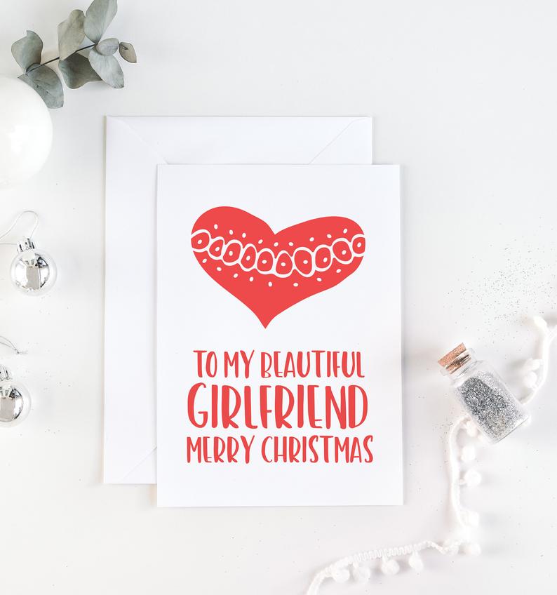 To My Beautiful Girlfriend Merry Christmas Card, Christmas Holiday Card for My Girl Friend, Christmas Gift, Cute Red & White Heart