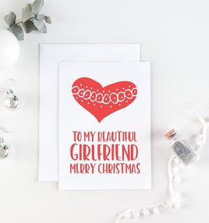 To My Beautiful Girlfriend Merry Christmas Card, Christmas Holiday Card for My Girl Friend, Christmas Gift, Cute Red & White Heart