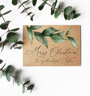 Christmas Cards for Sister, Merry Christmas Card, Greenery, Gifts for Sister from Brother, Xmas Cards, Seasons Greetings, Happy Holidays