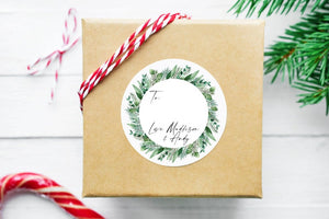 Cute Christmas Gift Label Stickers, Merry Christmas Gift, Round Labels, Circle Greenery Holiday Wreath, Seals Custom Xmas Present Tags - 2