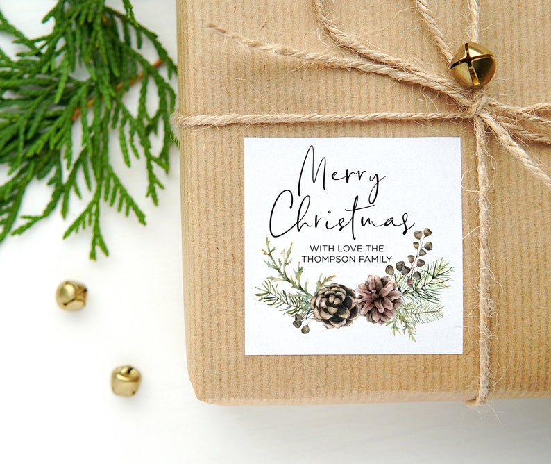 CustomIzed Merry Christmas Gift Label Stickers, Pine Cone Rustic Woodland, Square Labels, Vintage, Envelope Seals, Xmas Present Card Tags
